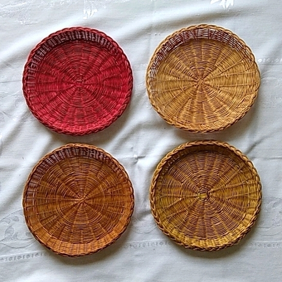 𝅺BUNDLE of 4 Flat Woven Boho Baskets Home Decor - Picture 1 of 7